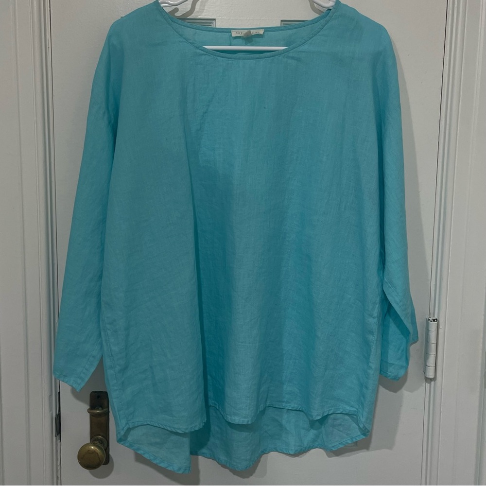 Eileen Fisher Turquoise Irish Linen Shirt Top Small S Teal Blue Like New